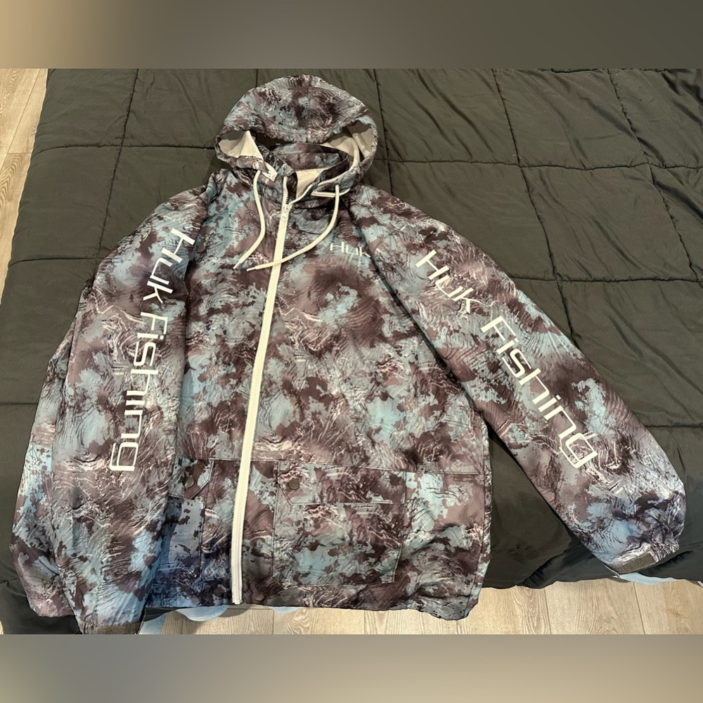 Huk fishing jacket. Aqua blue and grey. Gently used few times.